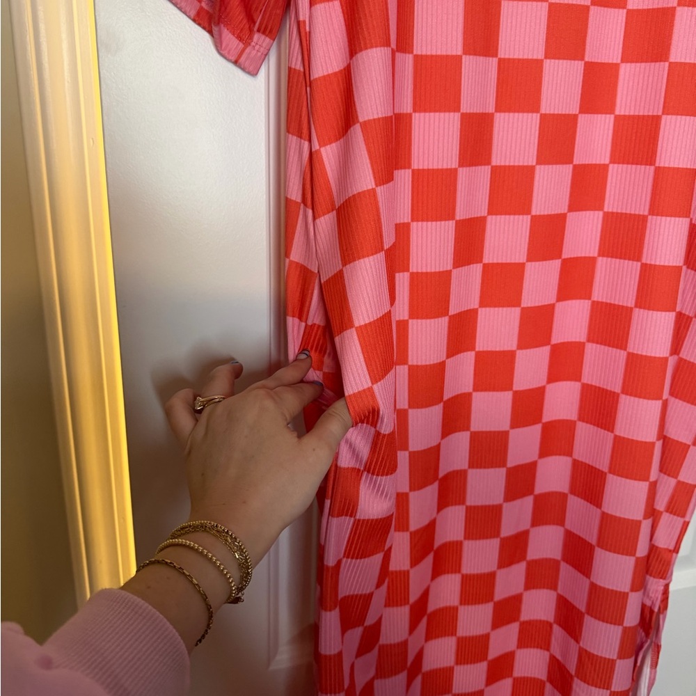 Orange and Pink Checkered T-Shirt Dress - Picture 2 of 4